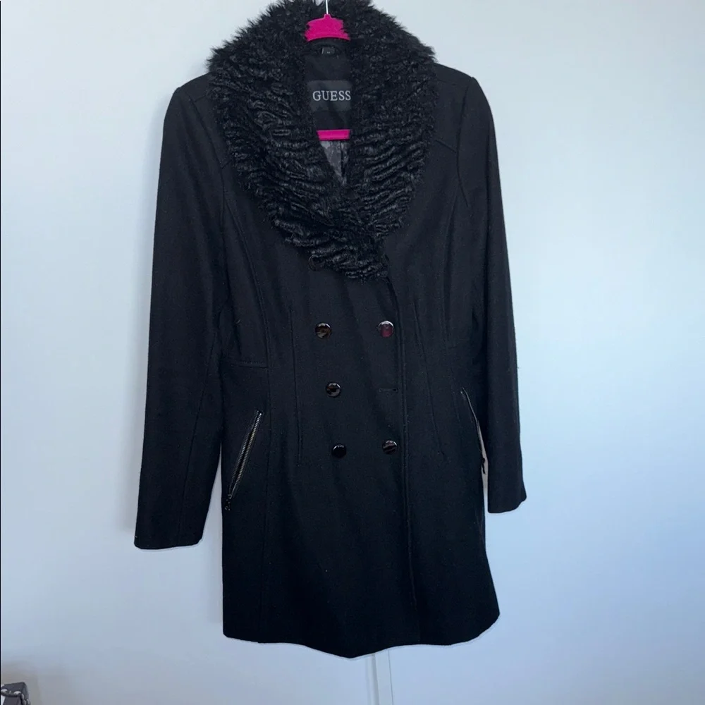 Guess Black Peacoat with Faux Fur Collar with leather gloves - Picture 1 of 6